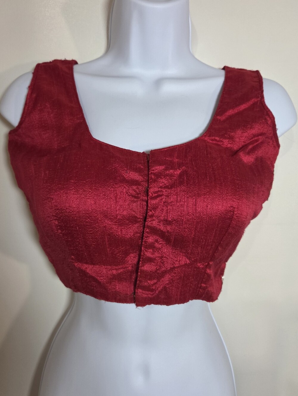 Handmade Red Raw Silk Saree Crop Top Scoop Neck Embroidery Crystal Embellished